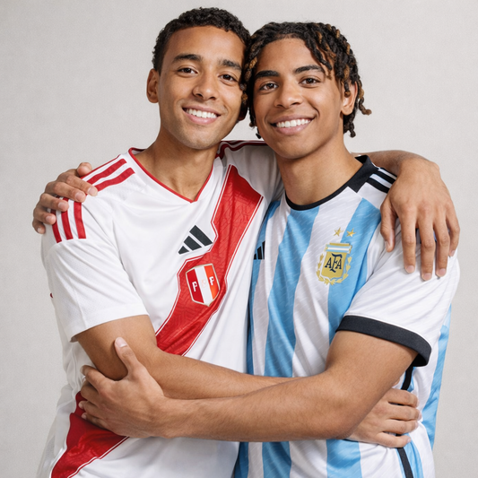 Dos hermanos gemelos abrazados sonríen a cámara, uno viste la camiseta de la selección de Perú (blanca con franja roja diagonal y escudo FPF) y el otro la camiseta de Argentina (celeste y blanca con escudo AFA)