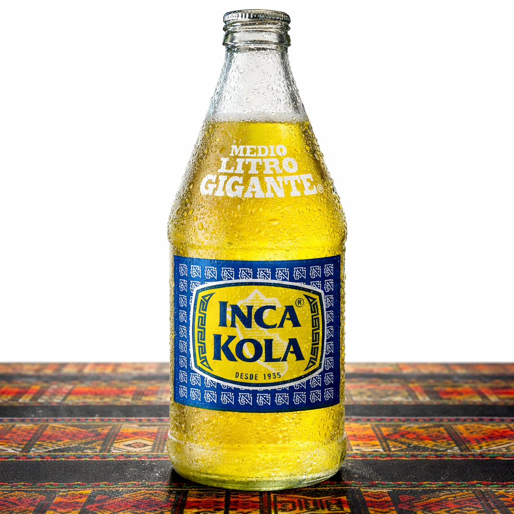 Botella de Inca Kola recién salida de la nevera, cubierta de gotas de condensación, sobre una mesa tradicional peruana, con un aspecto muy frío y apetecible