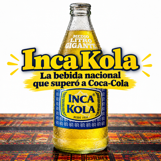Botella de Inca Kola fría sobre un textil andino, con el mensaje: «La bebida nacional que superó a Coca-Cola»