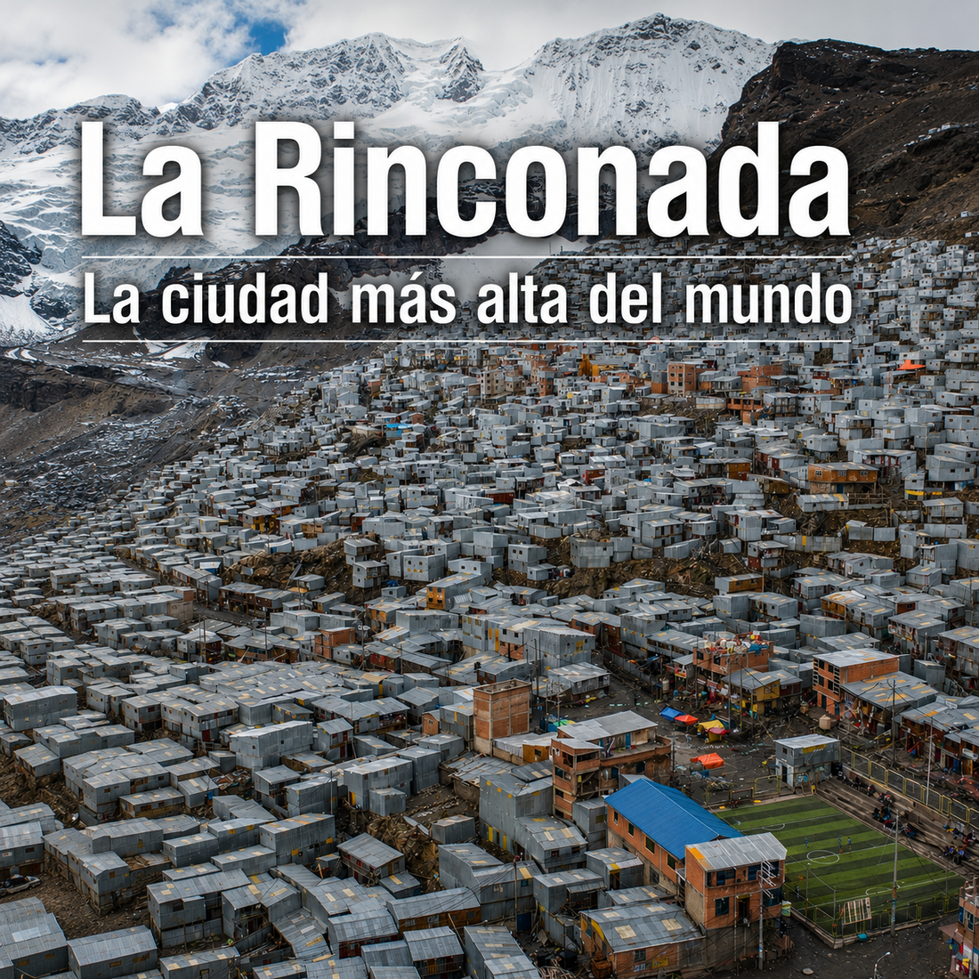 Vista aérea de La Rinconada, Perú, con casas en la ladera y montañas nevadas al fondo.